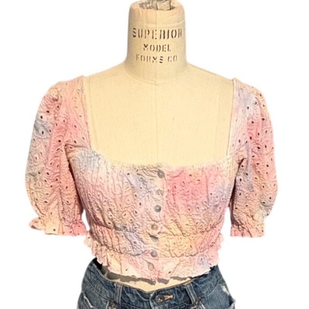 Urban Outfitters Pink Tie Dye Smock Puff Sleeve Crop Top‎ Cottagecore Coquette S